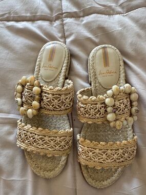 Sam Edelman Natural Beige Braided Slide Sandals with Bead Buckles